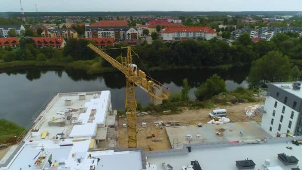 Apartments Construction Pond Pila Staw Glinianki Blok Budowa Aerial View — Stock Video