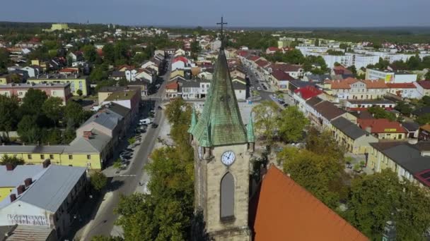 Templom Konskie Plac Kosciuszki Kosciol Aerial View Lengyelország Kiváló Minőségű — Stock videók