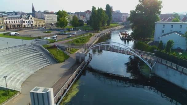 Barge River Brda Bydgoszcz Rzeka Wybrzeze Aerial View Polen Hoge — Stockvideo