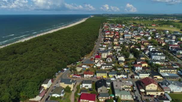 Πανόραμα Δάσος Θάλασσα Karwia Las Morze Plaza Aerial View Πολωνία — Αρχείο Βίντεο