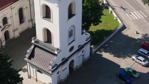 Güzel Kilise Kulesi Eski Şehir Zamosc Hava Görüntüsü Polonya Yüksek — Stok video