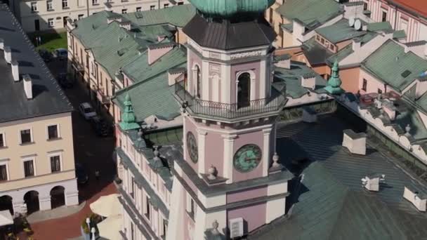 Vackra Council Tower Old Town Salutorget Zamosc Antenn Utsikt Polen — Stockvideo