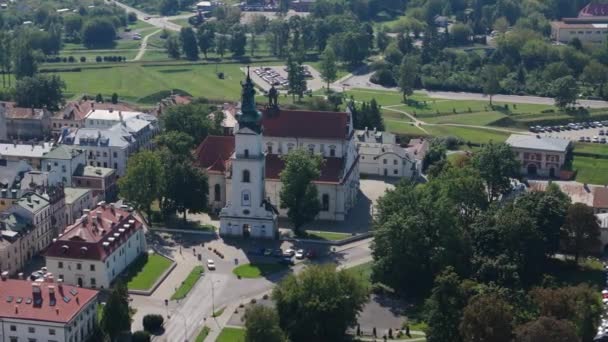 Prachtige Landschapskerk Tower Old Town Zamosc Aerial View Polen Hoge — Stockvideo