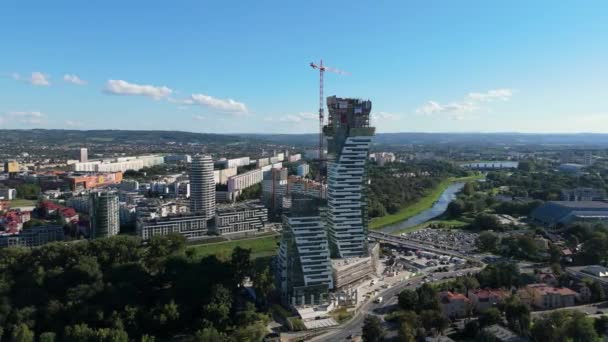 Gyönyörű Panoráma Felhőkarcolók Építőipari Rzeszow Aerial View Lengyelország Kiváló Minőségű — Stock videók