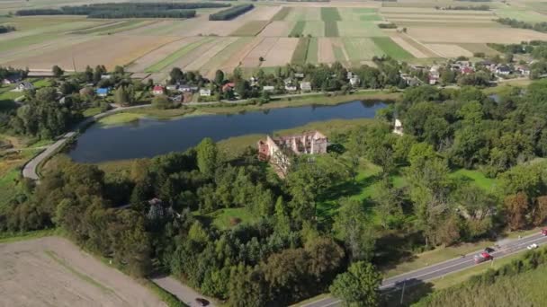 Bellissimo Paesaggio Castello Rovine Stagno Krupe Vista Aerea Polonia Filmati — Video Stock