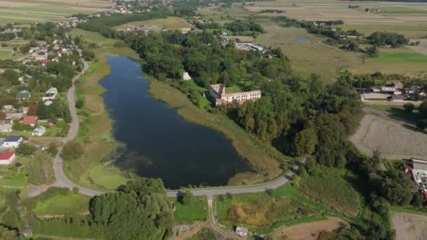 Beau Paysage Château Ruines Étang Krupe Vue Aérienne Pologne Images — Video