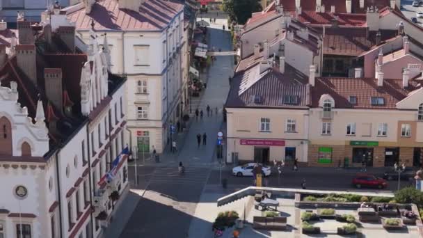 Mooie Raad Markt Oude Stad Rzeszow Luchtfoto View Polen Hoge — Stockvideo