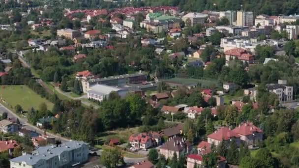 Gyönyörű Tájkép Középiskola Sanok Aerial View Lengyelország Kiváló Minőségű Felvételek — Stock videók