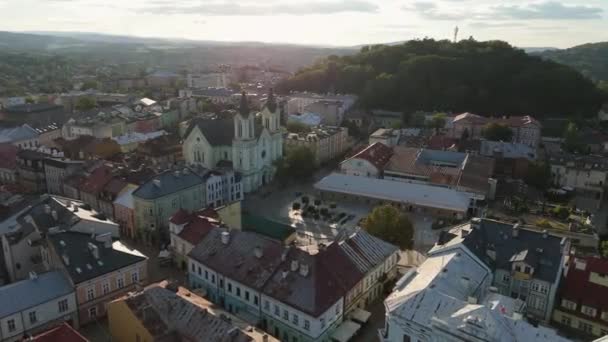 Beautiful Church Old Town Park Mountain Sanok Aerial View Poland — Stock Video