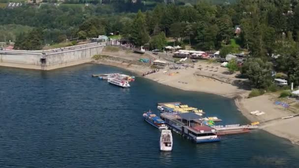 Vackra Landskap Molo Beach Lake Solina Bieszczady Antenn View Poland — Stockvideo