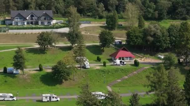 Landscape Camping Site Solina Bieszczady Mountains Aerial View Poland High — Stock Video