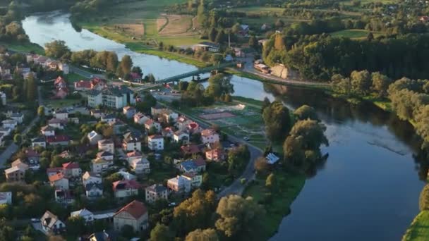 Gyönyörű Táj Folyó San Bridge Sanok Bieszczady Aerial View Lengyelország — Stock videók