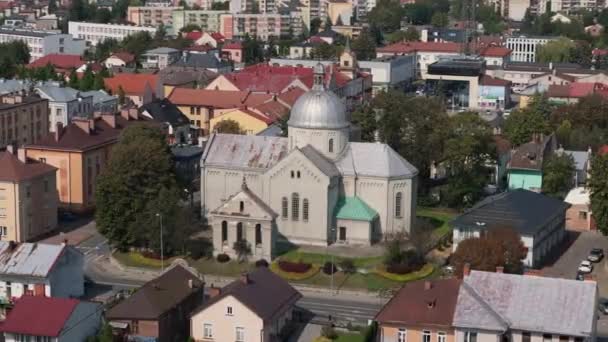 Gereja Indah Downtown Lubaczow Pemandangan Udara Polandia Rekaman Berkualitas Tinggi — Stok Video