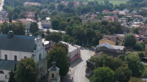 Beautiful Church Market Square Downtown Park Radymno Aerial View Poland — Stock Video