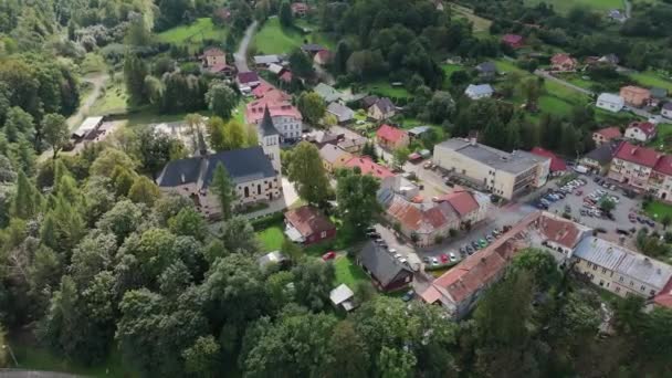 Beautiful Landscape Church Downtown Bircza Aerial View Poland High Quality — Stock Video