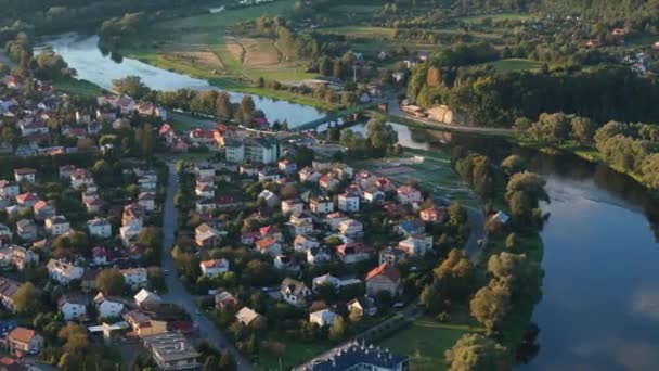Vackra Landskap Floden San Bridge Sanok Bieszczady Antenn View Poland — Stockvideo