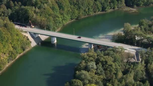 Όμορφη Landscape Bridge Lake Solina Bieszczady Aerial View Πολωνία Υψηλής — Αρχείο Βίντεο
