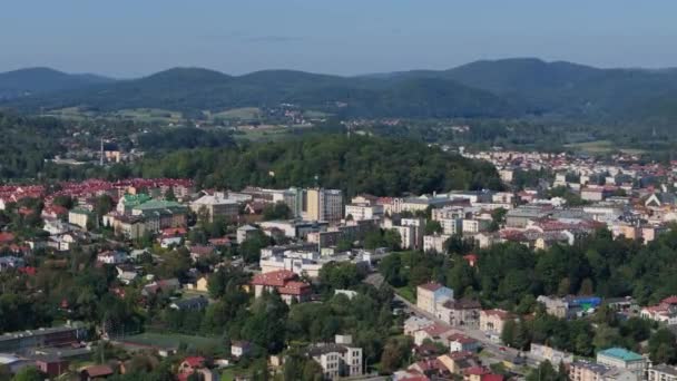 Beautiful Landscape Park Mountains Hill Old Town Sanok Aerial View — Stock Video
