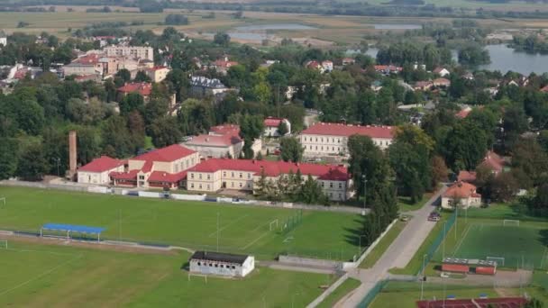 Gyönyörű Landscape Stadium School Radymno Aerial View Lengyelország Kiváló Minőségű — Stock videók