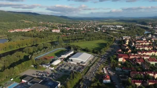 Landscape Sports Center Arena Ice Track River San Sanok Aerial — Stock videók