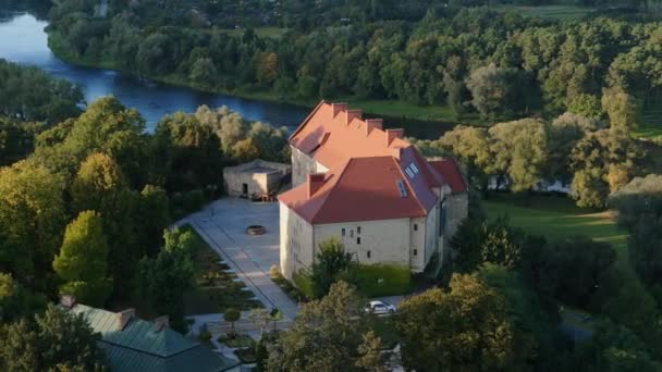Prachtig Landschap Royal Castle River San Sanok Aerial View Polen — Stockvideo