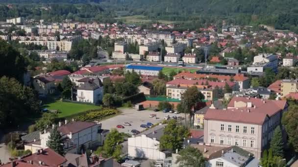 Piękny Panoramiczny Stadion Sanok Aerial View Poland Wysokiej Jakości Materiał — Wideo stockowe
