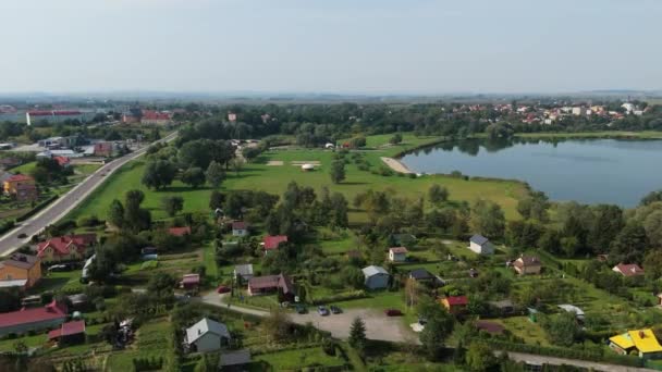 Güzel Peyzaj Gölü Zek New Beach Radymno Hava Görüntüsü Polonya — Stok video
