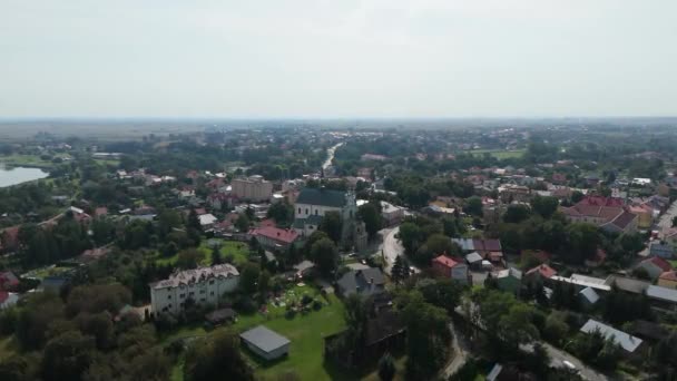 Schöne Landschaft Innenstadt Kirche Radymno Luftaufnahme Polen Hochwertiges Filmmaterial — Stockvideo