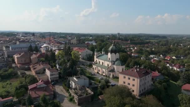Hermoso Paisaje Iglesia Ciudad Vieja Vista Aérea Jaroslaw Polonia Imágenes — Vídeos de Stock