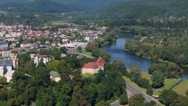 Schöne Landschaft Fluss San Sanok Gebirge Bieszczady Luftaufnahme Polen Hochwertiges — Stockvideo