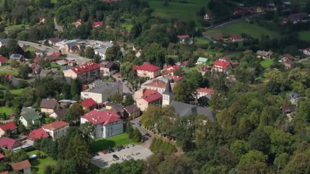 Beautiful Landscape Church Downtown Bircza Aerial View Poland Vysoce Kvalitní — Stock video