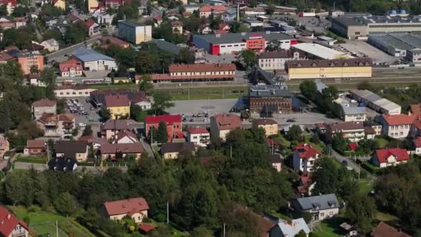 Gyönyörű Tájkép Buszpályaudvar Sanok Aerial View Lengyelország Kiváló Minőségű Felvételek — Stock videók