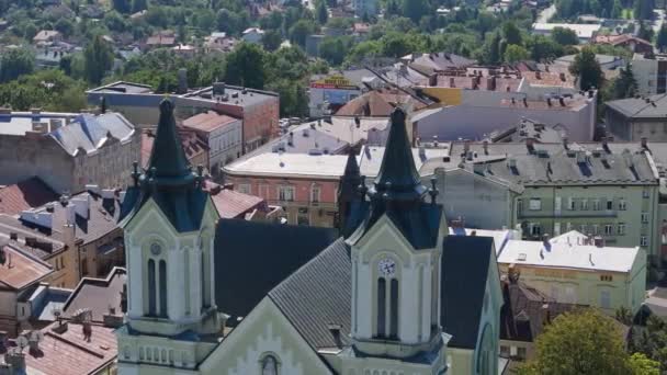 Prachtige Tower Church Old Town Sanok Aerial View Polen Hoge — Stockvideo