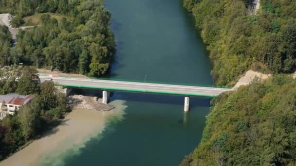Beautiful Landscape Bridge Lake Solina Bieszczady Aerial View Poland High — Stock Video