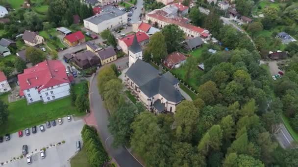 Beautiful Landscape Church Downtown Bircza Aerial View Poland High Quality — Stock Video