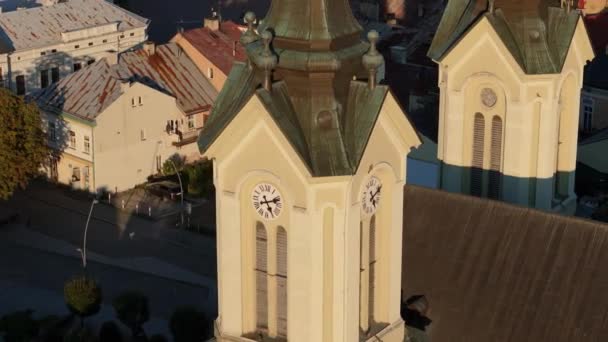 Vackra Tower Church Old Town Sanok Flygfoto Polen Högkvalitativ Film — Stockvideo