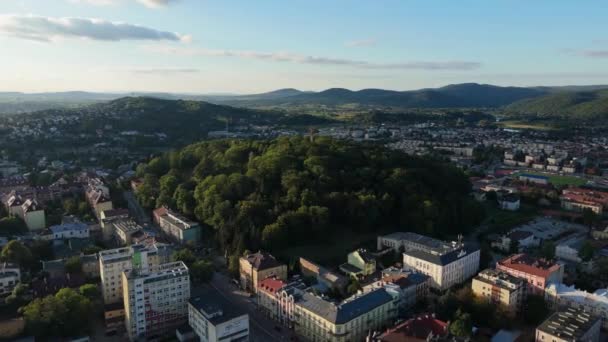 Beautiful Landscape Park Mountains Hill Sanok Aerial View Polsko Vysoce — Stock video