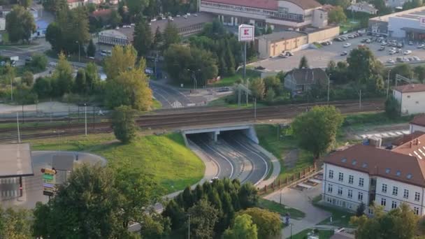 Beautiful Tracks Viaduct Train Station Jaroslaw Aerial View Poland High — Stock Video