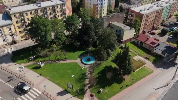 Beautiful Downtown Fountain Sanok Aerial View Poland High Quality Footage — Stock Video