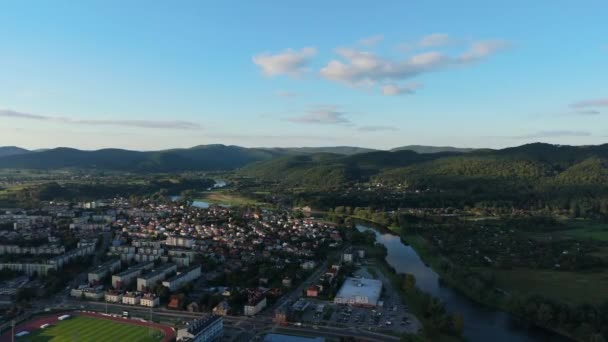 Beautiful Landscape River San Sanok Bieszczady Mountains Aerial View Poland — Stock Video