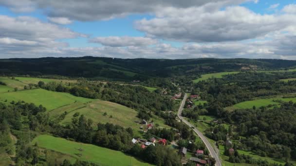 Красива Пейзажна Дорога Лісові Гори Бещади Bircha Air View Poland — стокове відео