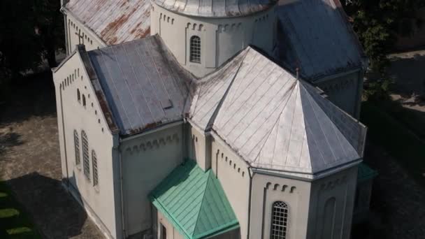 Schöne Kirche Downtown Lubaczow Luftaufnahme Polen Hochwertiges Filmmaterial — Stockvideo