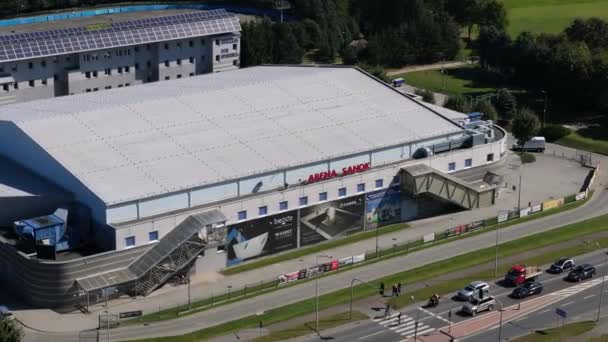 Peyzaj Spor Merkezi Arena Salonu Sanok Hava Görüntüsü Polonya Yüksek — Stok video