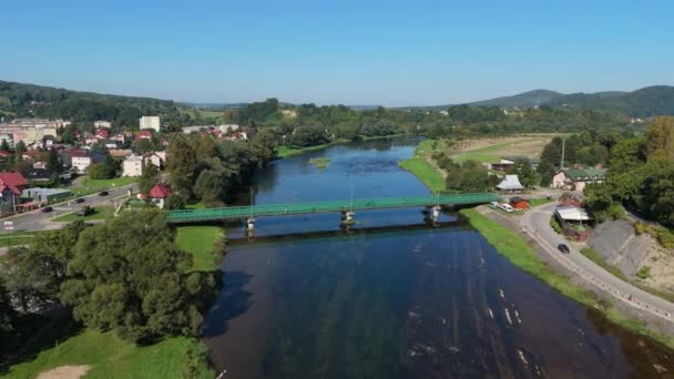 Beautiful Landscape River San Bridge Sanok Bieszczady Aerial View Poland — Stock Video