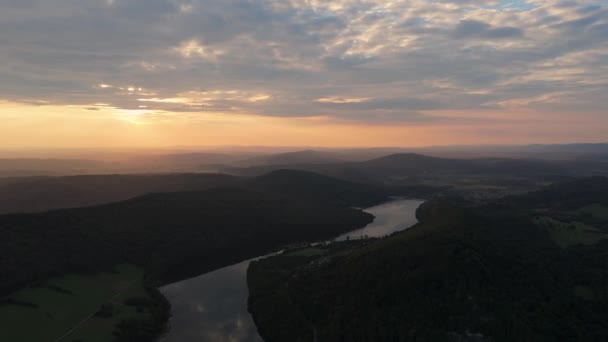 Beautiful Landscape Sunset Mountains Bieszczady Lake Solina Aerial View Poland — Stock Video