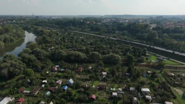 Vakre Landskap Allotment Gardens River Jaroslaw Aerial View Polen Opptak – stockvideo