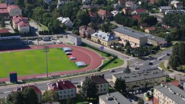 Piękny Stadion Krajobrazowy Sanok Aerial View Poland Wysokiej Jakości Materiał — Wideo stockowe