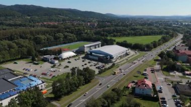 Peyzaj Spor Merkezi Hall Sanok Hava Görüntüsü Polonya. Yüksek kalite 4k görüntü