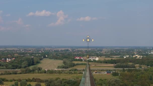 Beautiful Landscape Tower Cross Monastery Opactwo Jaroslaw Aerial View Poland — Stock Video