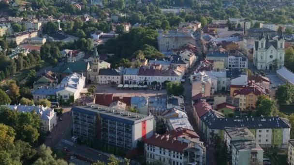 Όμορφο Τοπίο Παλιά Πόλη Πλατεία Αγοράς Sanok Aerial View Πολωνία — Αρχείο Βίντεο